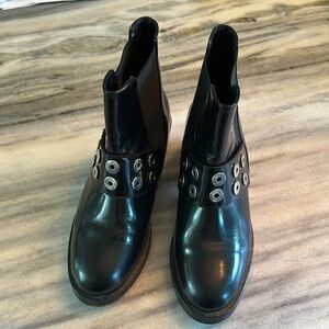 Sandro Black Leather Ankle Boots with Silver Grommet Strap